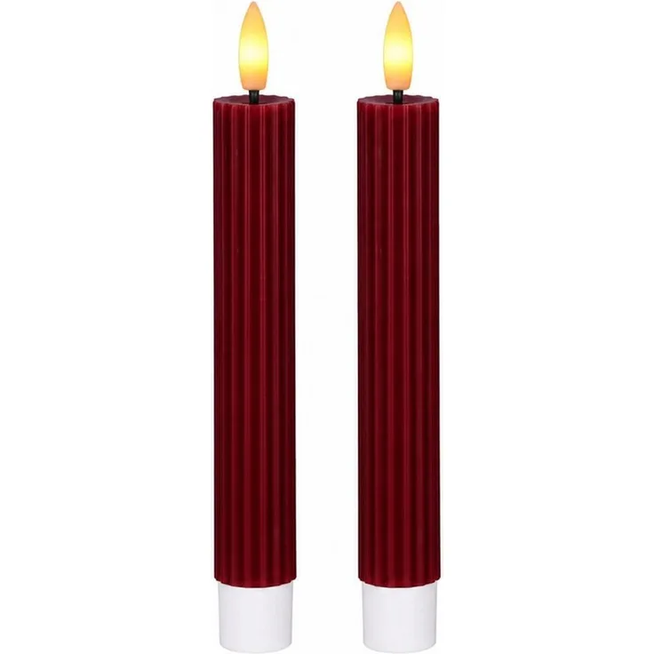 dasmöbelwerk LED-Kerze LED-Stabkerzen 2er Set Ø2,2x15,5 cm Dinnerkerze Riffel Timer Dunkelrot, Leuchtmittel nicht enthalten