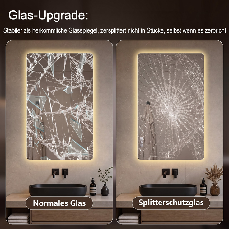 Rahmenloser LED-Beleuchtungs-Badspiegel, rechteckig, 60×80 cm, beschlagfrei, dimmbar, mit Speicherfunktion, oxidationsbeständig und korrosionsfest, kann horizontal oder vertikal montiert werden--Silber--60x80x2.5cm--YOUDENOVA – Bild 6