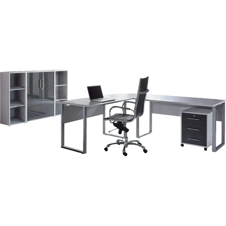 BMG Möbel Büromöbel-Set Office Edition Set 2, (Büro Set, 5 tlg, Fronten Matt oder Hochglanz lackiert), Aktenschrank und Rollcontainer abschließbar, Winkelschreibtisch – Bild 1