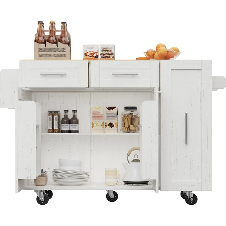 Moderne Kücheninsel, Küchenschrank, buffetschrank, Speisewagen mit Holzmaserung, Multifunktionale Esstisch mit Speicherraum, Speisewagen mit Snackregalen und Stretchfunktionsschränken,weiß – Bild 8