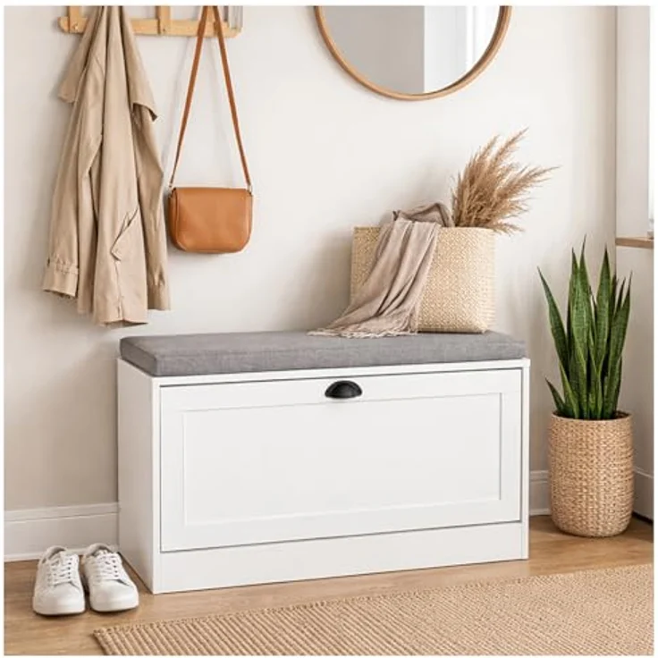 HTI-Living Schuhschrank Thekla, 80 cm Weiß mit Sitzkissen, 1 Klappe und 2 Fächer, platzsparend für schmale Flure – Bild 1