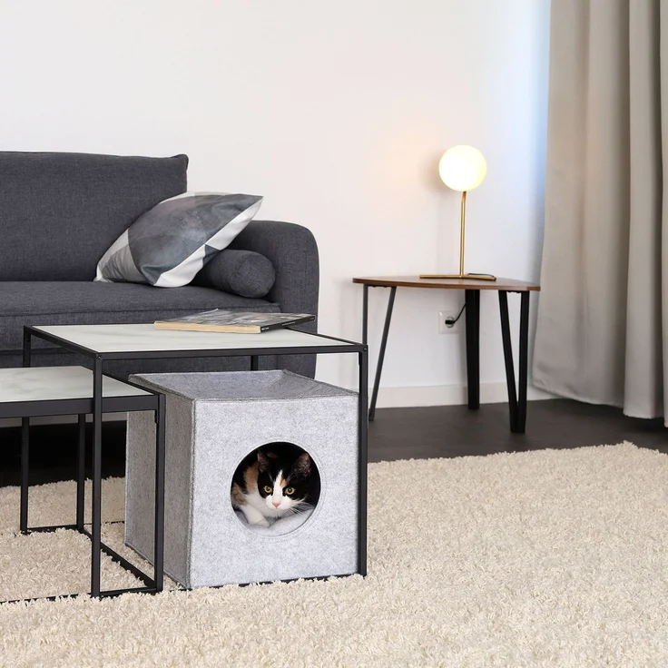 lionto Katzenhöhle, Regaleinsatz & Katzenbett in einem, aus robustem Filz mit weichem Kissen, 33x37x33 cm, hellgrau – Bild 5