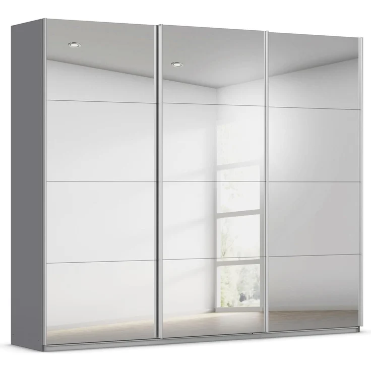 Rauch Möbel Kulmbach, Kleiderschrank mit Schwebetüren für Schlafzimmer, Kinderzimmer, Jugendzimmer, Garderobe, Flur, 3-türig, mit Spiegel, Zubehör Classic, Farbe Grau metallic, Schwarz, Breite 271 cm