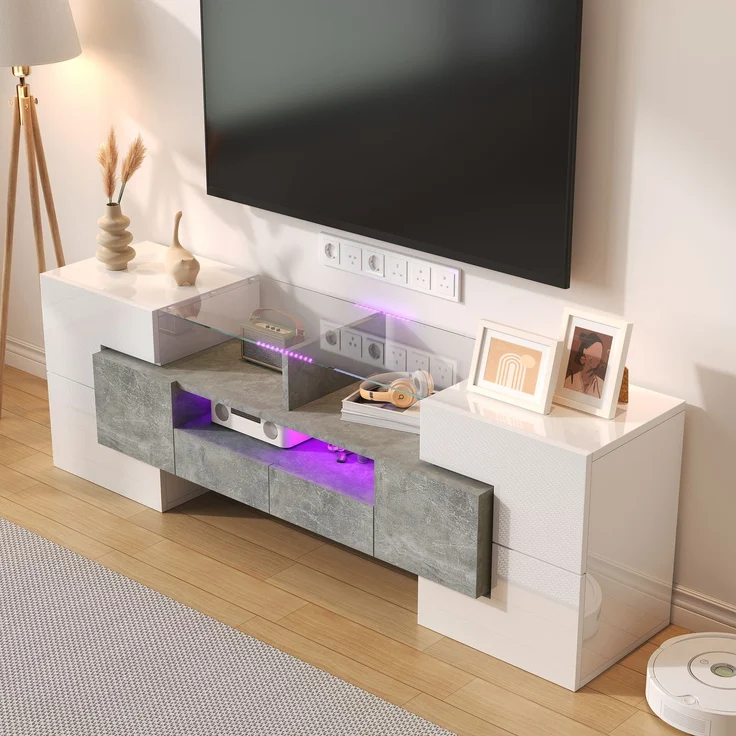 TV-Schrank 145 cm Hochglanzweiß und Beton mit LED-Beleuchtung, 6 Türen, 2 Schubladen, 3 offene Fächer – Bild 2