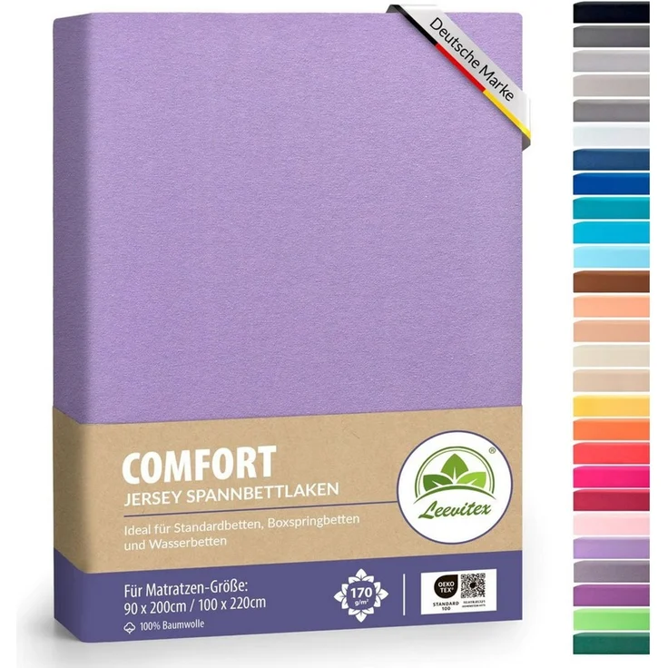 leevitex® Spannbettlaken, Premium 170g/m², Gummizug: rundum, schwer und dick, 100% Jersey-Baumwolle, Flieder / Lavender, 90 x 200 - 100 x 220 cm – Bild 1