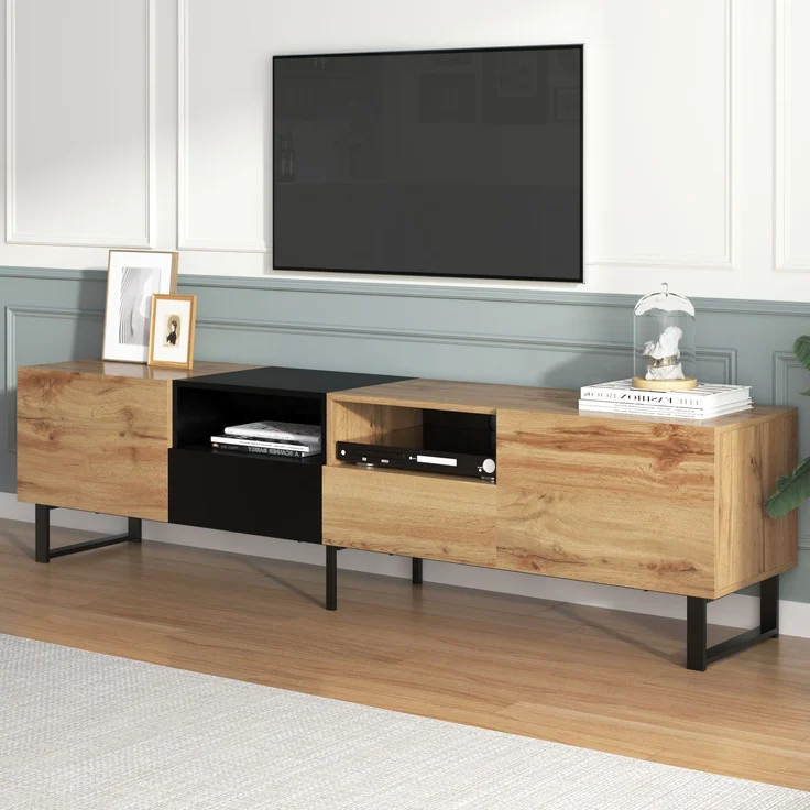 TV-Lowboard 190 cm mit Türen und Schubladen, moderner Fernsehtisch in Schwarz und Holzoptik – Bild 5