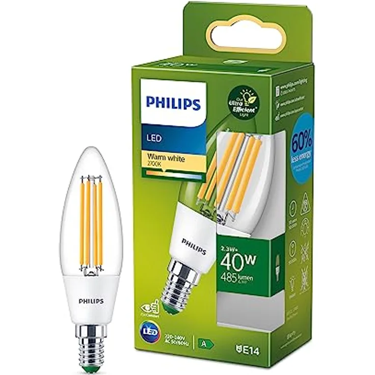 Philips Filament-Kerzenlampe B35 E14, LED Lampe, Warmweiß 2700K, 485 lm, 40 W, 50000 h