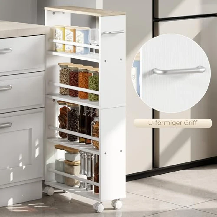 HOMCOM Servierwagen mit 4 Etagen Küchenwagen mit Rollen Griffe Allzweckwagen mit Bremsen schmal Küchenregal Küchenrollwagen für Küche Büro Badezimmer, Natur – Bild 5