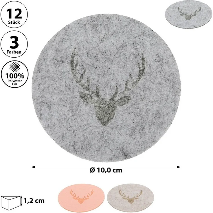 CEPEWA Glasuntersetzer Glasuntersetzer Hirschgeweih 12er Set Polyester Ø10cm rund 3 Farben – Bild 1
