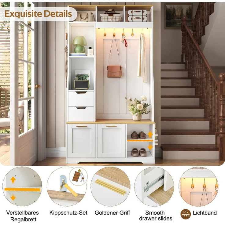 DESVIAE Garderobenschrank Weiß aus MDF/Spanplatte – 100x186x32 cm – LED-Beleuchtung, Schuhfächer – Bild 5