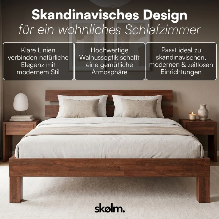 skølm 'Floki' Bett 180x200 cm, Bettgestell aus Eiche, Bettkopf 2 Streben, Massivholzbett lackiert, Walnuss Optik, geeignet als Doppelbett – Bild 2