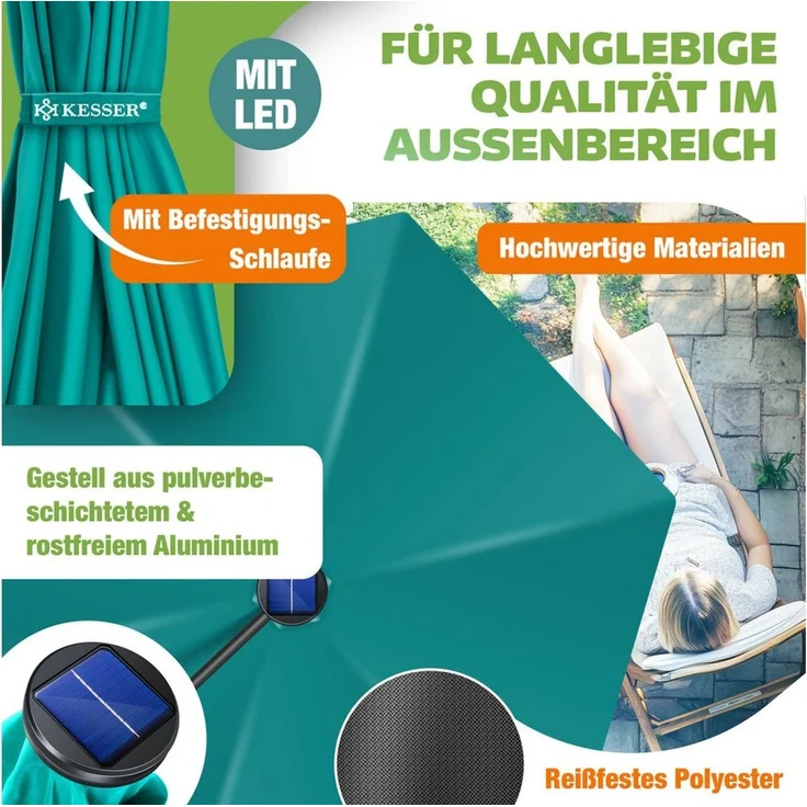 KESSER® Alu Ampelschirm LED Solar + Abdeckung mit Kurbelvorrichtung UV-Schutz Aluminium mit An-/Ausschalter Wasserabweisend - Sonnenschirm Schirm Gartenschirm 300cm, Petrol Grün – Bild 2