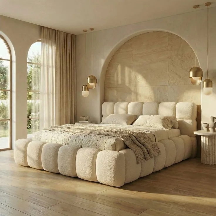 yourhouse24 Polsterbett Boston Slim Bouclé kompaktes Wolkenbett mit Bettkasten, Bubble-Optik & Japandi