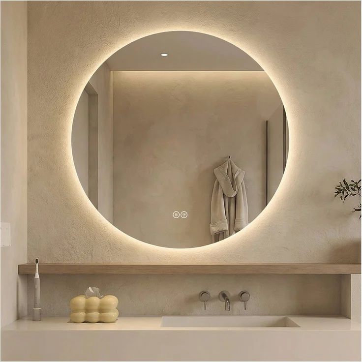 Odikalo Runder Badspiegel mit LED, 70 cm, Hinterleuchtet, 3 Lichtfarben, stufenlos dimmbar, Anti-Beschlag, Memoryfunktion, Touchschalter, kupferfreier HD-Silberspiegel