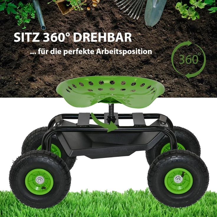 Gartenscooter mit Ablage Stahl 150 kg Sitzhöhe 44-52 cm Sitz 360° drehbar Lufträder in Schwarz-grün – Bild 6