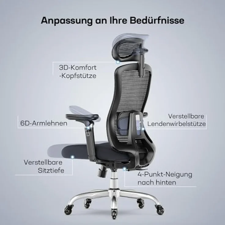 Marsail Bürostuhl mit 6D-Armlehnen, 3D-verstellbarer Kopfstütze, Schiebesitz, Lendenwirbelstütze, 4-Position-Neigungsschloss – hoher und großer Schreibtischstuhl mit Kapazität von 150kg, Schwarz, 4PCS – Bild 8