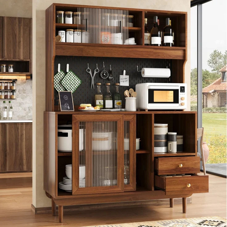Küchenbuffet aus MDF mit Riffelglas-Schiebetüren, 117x30x170 cm, Nussbaum – Bild 2