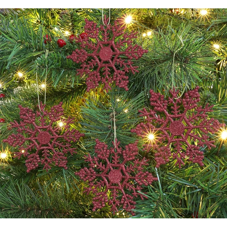 12 Stück - Weihnachtliche Schneeflockendekoration, glitzernde Schneeflockenornamente, Partydekoration (rot, 10 cm) – Bild 2