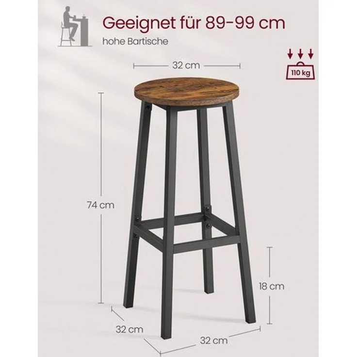 VASAGLE Barhocker, 2er Set, Barstühle, Küchenstühle mit Metallgestell, einfache Montage, 74 cm hoch, mit Fußstütze, für Küche, Wohnzimmer, Esszimmer, vintagebraun-schwarz – Bild 5