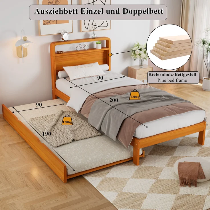 Merax Holzbett, Einzelbett, Kinderbett, 90x200 cm, mit Ausziehbett 90x190 cm, Funktionsbett mit links/rechts montierbarem Gästebett, Natur – Bild 7
