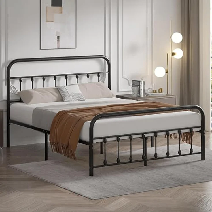 Metallbett 140x200 cm Bettrahmen mit Hohem Kopfteil, Stabiles Bettgestell Doppelbett aus Metall mit Lattenrost, Metall Gästebett Jugendbett, Viel Stauraum unter dem Bett, Schwarz – Bild 4
