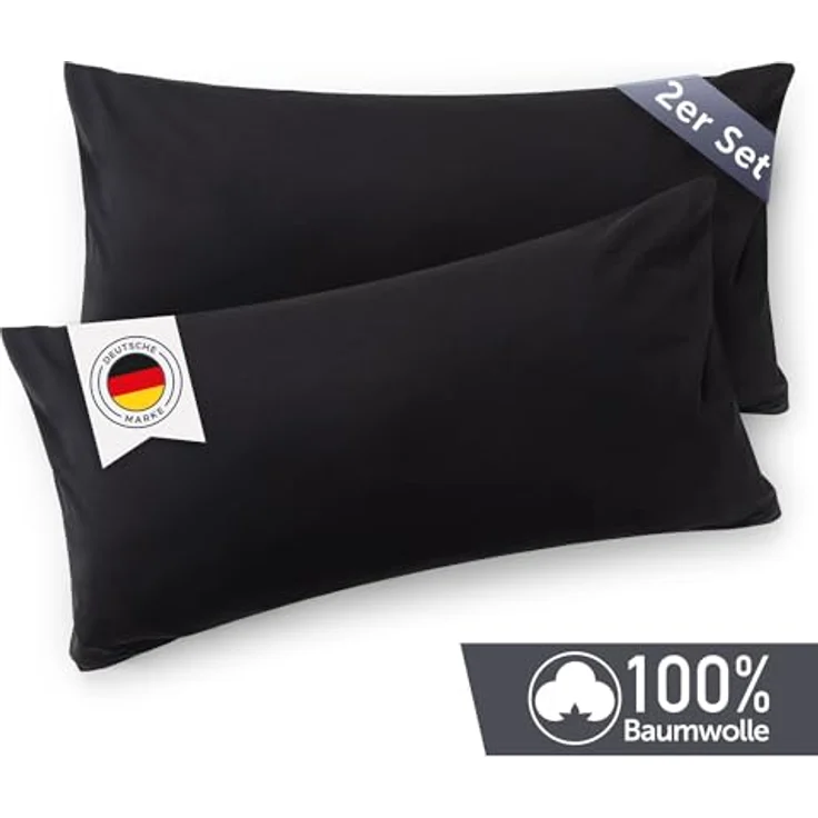 Blumtal Jersey Kissenbezug 40x70 im 2er Set - Oeko-TEX zertifizierte Kopfkissenbezüge 40x70 aus 100% Baumwolle - weiche Kissenhülle für Kissen 40x70 cm mit Reißverschluss - Schwarz – Bild 3