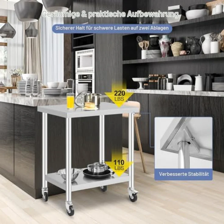 GarveeHome Arbeitstisch aus Edelstahl für Lebensmittelzubereitung, höhenverstellbar mit 3 Stufen, 4 Lenkrollen (2 gebremst), Maße 76x46 cm, ideal für gewerbliche Küchen, Restaurants & Catering – Bild 7