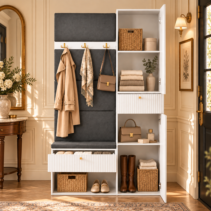 Flieks Garderobe 110 x 38 x 179.5 cm mit gepolsterter Sitzbank, Schuhablage, Garderobenpaneel, Haken und Stauraum, Weiß – Bild 4