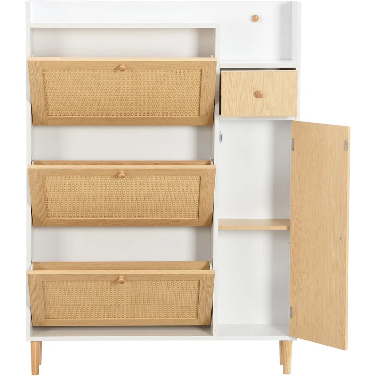 Merax Schmal Schuhschrank mit 3 Klappen, Rattan Schuhschrank Schuhkipper mit Schublade und Tür, Schuhkommode mit Verstellbarer Ablage, Weiß – Bild 8