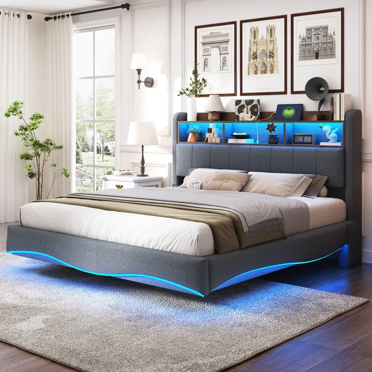 Graues Schwebebett 160x200 cm Mit LED Beleuchtung Und USB Type C Anschlüssen Doppelbett Mit Stauraum Modernes Design 250 Kg Tragkraft