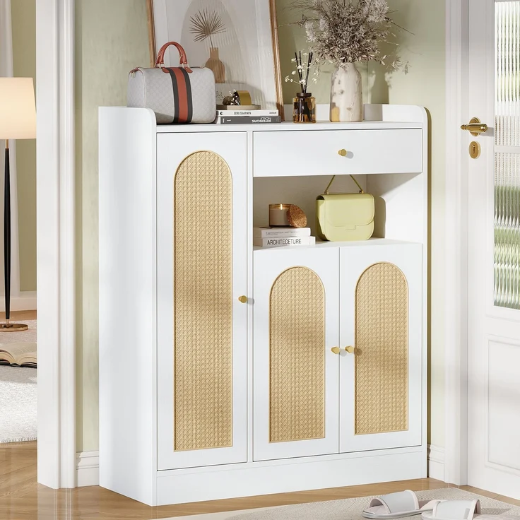 Rattan Schuhschrank / Aufbewahrungsschrank mit Stauraum, 1 Schublade, 3 Türen mit verstellbaren Regalen, für Eingangsbereich, Esszimmer und Flur, Weiß + Holz, Maße: 90 x 35 x 110 cm--Weiß+Natur--90x35x110cm--YOUDENOVA – Bild 3