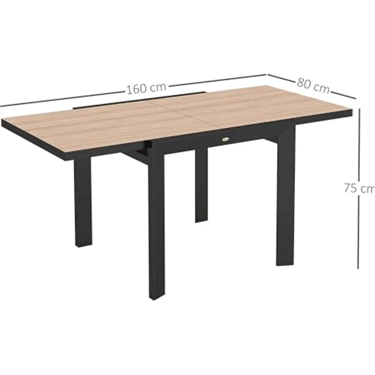 Outsunny Ausziehbarer Gartentisch, wetterfest aus Aluminium, Holzoptik, 80-160 cm, Naturholz+Dunkelgrau, für 4-6 Personen – Bild 3