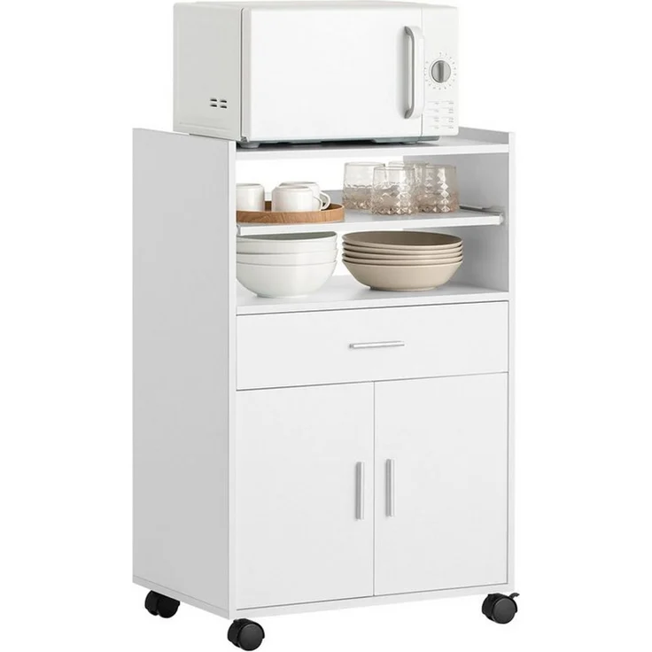 SoBuy Küchenwagen FSB09, Servierwagen mit Arbeitsplatte Aufbewahrungsschrank, Küchenschrank Rollschrank Mikrowellenschrank mit Ablagen und 2 Türen – Bild 5