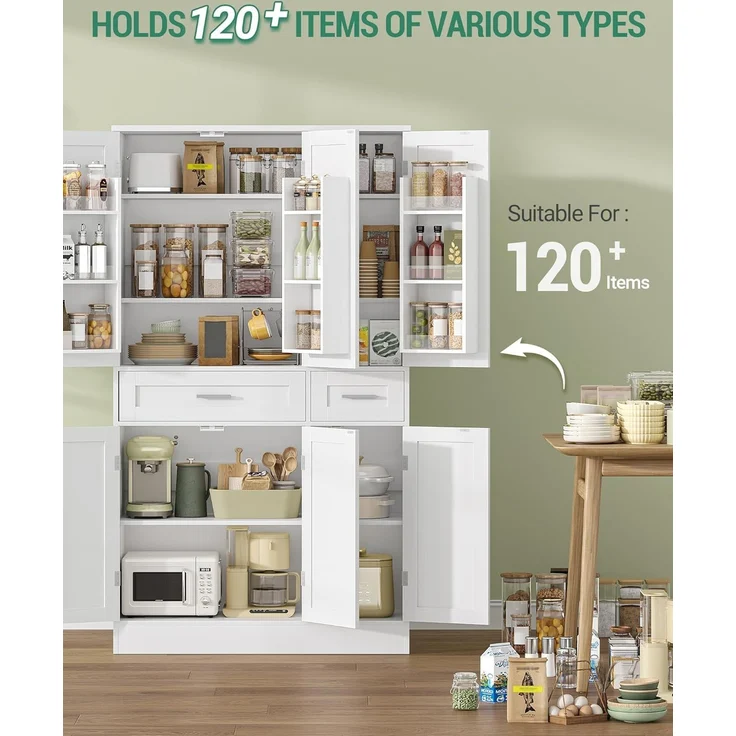 Buffetschrank, Küchenschrank mit 9-stufigem Türrückseiten-Regalsystem, Sideboard mit 6 Türen und 2 Großer Schublade, Modern Stil, Küche, Wohnzimmer, 40 x 92 x 180 cm, Weiß – Bild 4