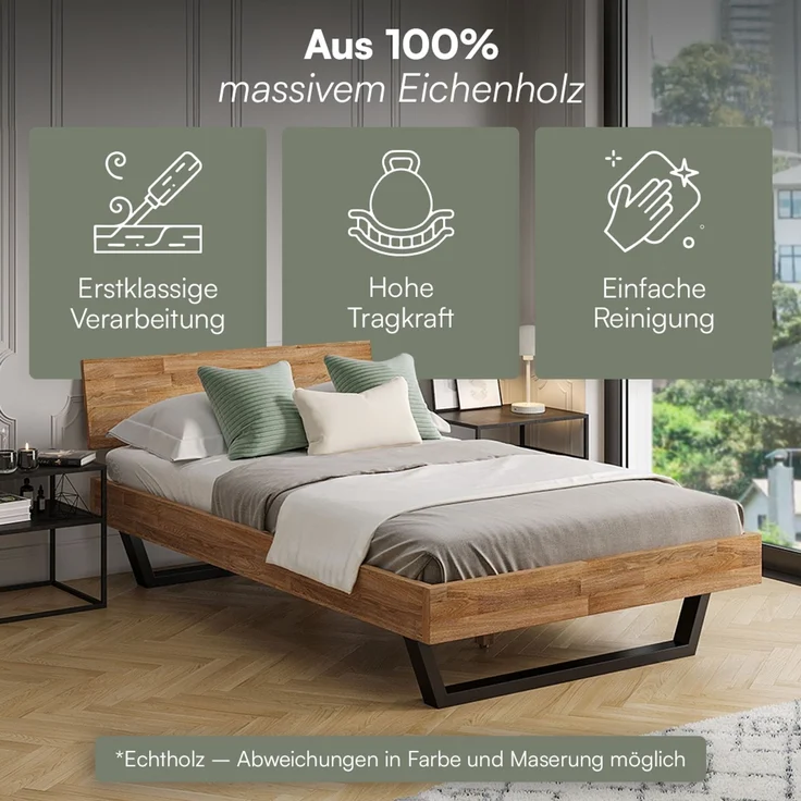 skølm 'Alver' Bett 120x200 cm, Bettgestell, natur geölt, Massivholzbett aus Eiche mit Metallkufen, Doppelbett mit durchgehendem Bettkopf – Bild 3