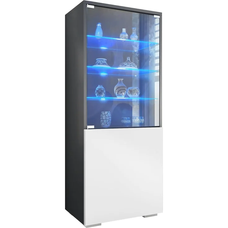 Vladon Standvitrine Granada (Vitrinenschrank, mit Glastür und Glaseinsatz inkl. LED) Anthrazit matt/Weiß matt (50 x 122,5 x 34,5 cm) – Bild 1