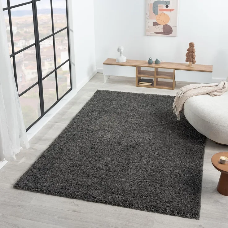 VIMODA Prime Shaggy Hochflor Langflor Teppich Einfarbig Modern Anthrazit Dunkelgrau, Maße:70x250 cm