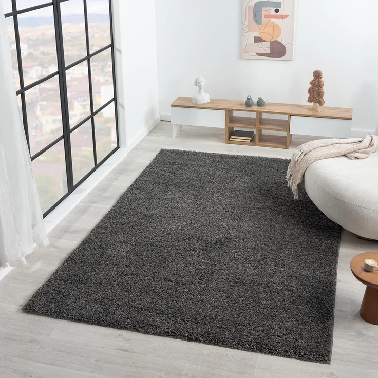 VIMODA Prime Shaggy Hochflor Langflor Teppich Einfarbig Modern Anthrazit Dunkelgrau, Maße:70x250 cm