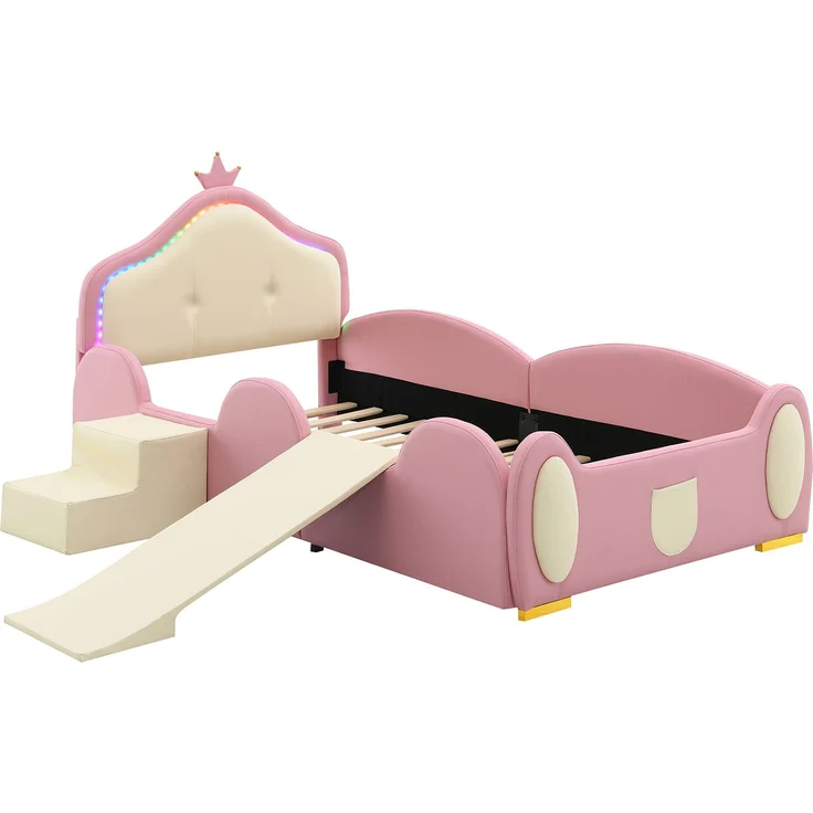 Merax Polsterbett 90x200cm, Crown Cartoon Bett, Mit Multi-Mode-LED-Streifen, Kinderbett mit kleiner Rutsche und Treppe, mit schützenden weichen Kanten, mit Holzlatten, PU, Rosa + Beige – Bild 9