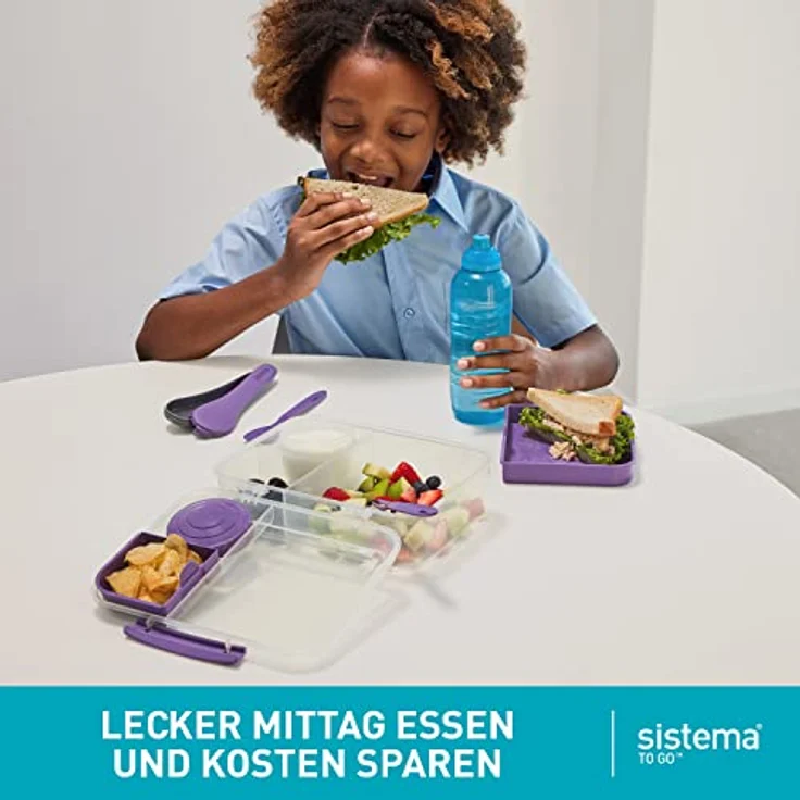 Sistema Bento Box TO GO Brotdose mit Fächern | 1,65 L Lunchbox mit Joghurt- /Fruchtbehälter | Lunchbox Kinder & Erwachsene | Lila – Bild 7