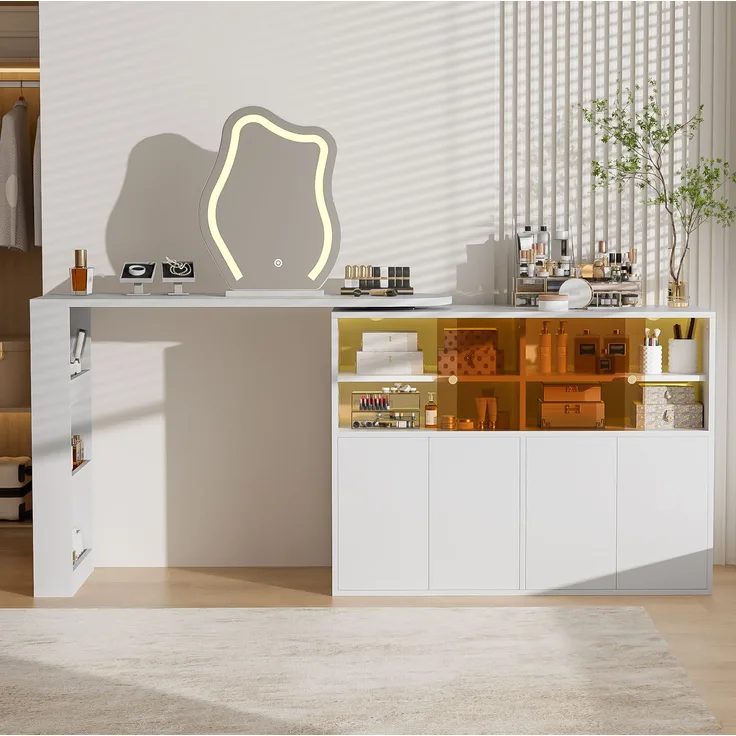 Drehbarer Schminktisch mit LED-Spiegel & Stauraum, 177x40x131,5 cm, Weiß