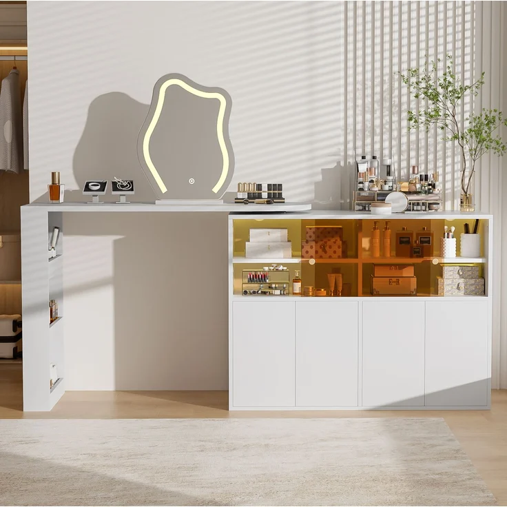 Drehbarer Schminktisch mit LED-Spiegel & Stauraum, 177x40x131,5 cm, Weiß – Bild 1