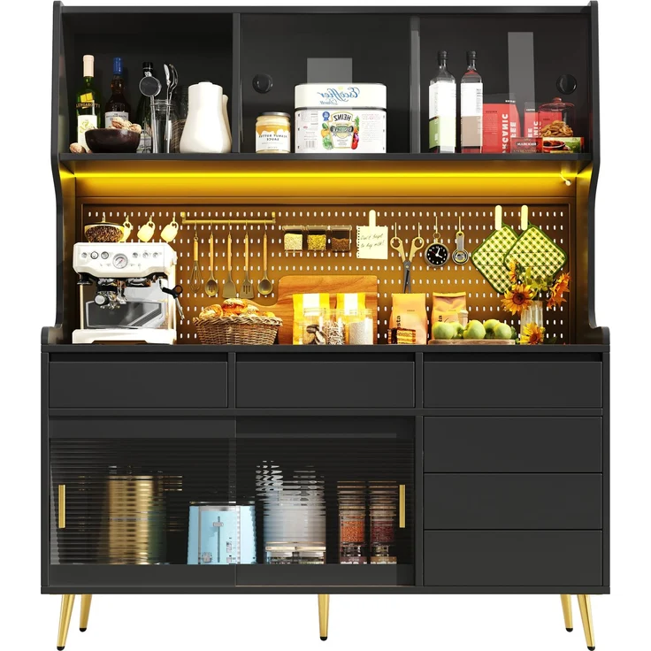 Hochschrank 144,9x39x171 cm mit LED-Beleuchtung, geriffelter Glasfront und Schiebetüren – Bild 6