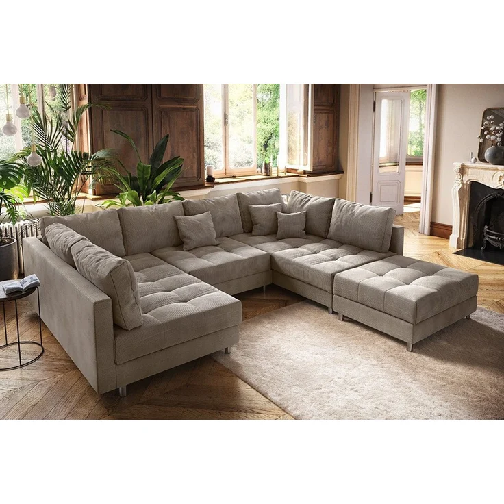 riess-ambiente Wohnlandschaft KENT 305cm greige / schwarz · inkl. Hocker · U-Form · XXL Couch, Einzelartikel 1 Teile, Ecksofa · Wohnzimmer · mit Federkern · Cord-Bezug · Modern Design – Bild 3