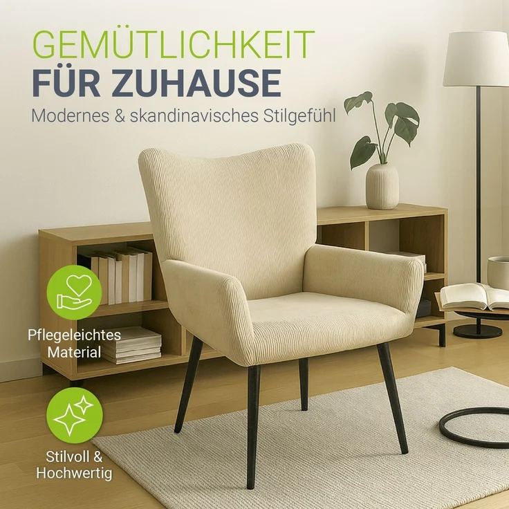 Juskys Ohrensessel Odense ohne Hocker, TV- & Lesesessel in Cord, hohe Lehne, Metallbeine, komfortabler Stoffbezug, pflegeleicht – Beige – Bild 2