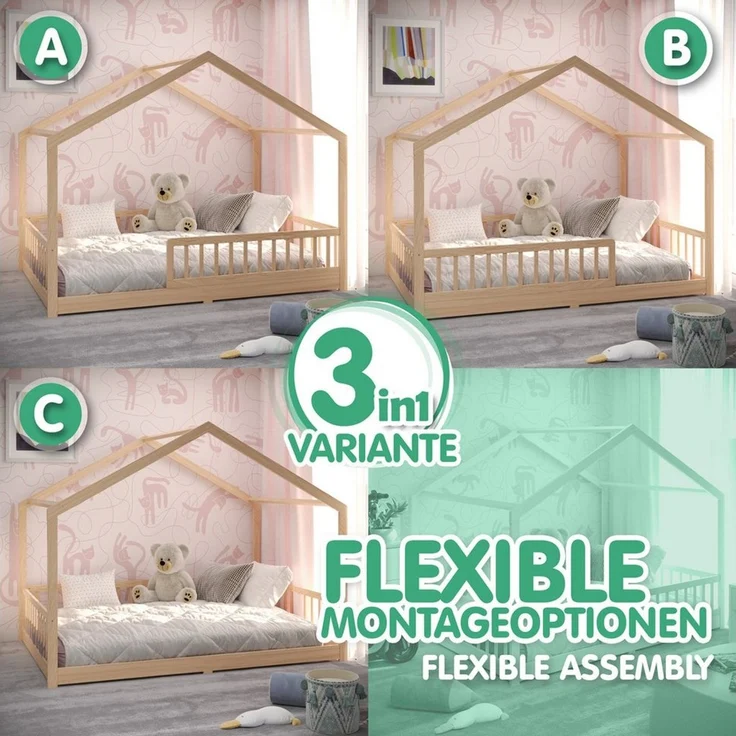 CADANI Kinderbett Malte Hausbett Bodenbett Rausfallschutz abnehmbar bis 200 kg belastbar (140x200 cm, Montessori Kinder- & Jugendbett aus Kiefer Massivholz), inkl. stabilem Roll-Lattenrost, langfristig nutzbar, Natur – Bild 3