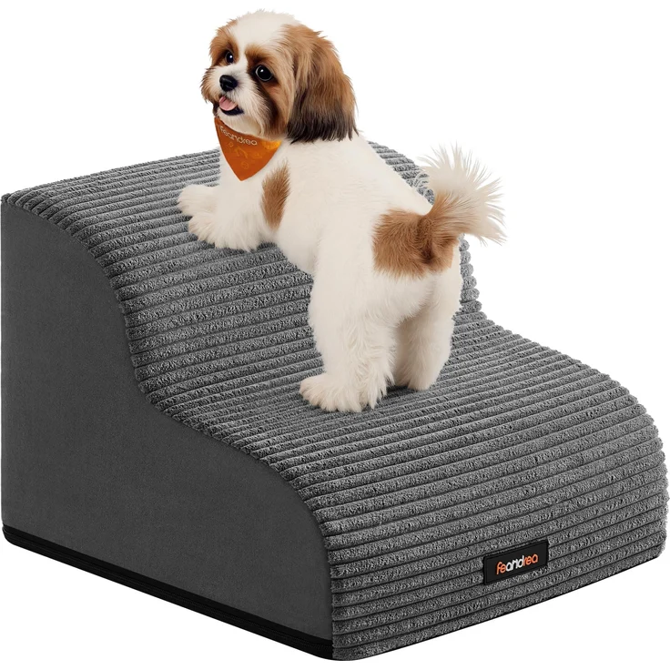 Feandrea Hundetreppe, 2 Stufen, Cord mit Querstreifen, Haustiertreppe, für Bett, Sofa, wasserdicht, rutschfest, geringe Neigung, Abnehmbarer waschbarer Bezug, Griff, schiefergrau PPS002GN01 – Bild 1