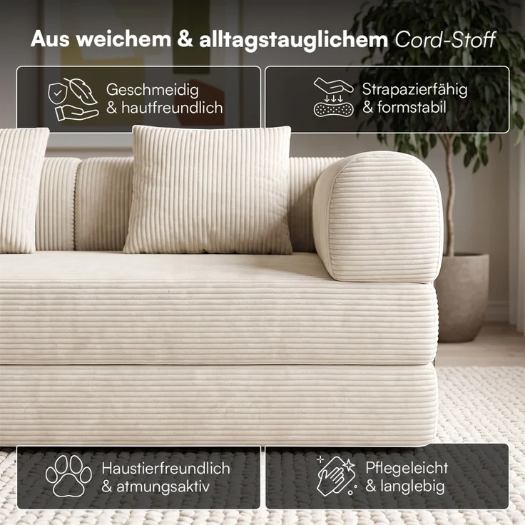 skølm 'Lofn' Modulares Sofa 2 Sitzer, 200x100 cm, Vollschaumcouch mit Metallgestell, Cord beige, Schlafsofa vakuumverpackt, kein Aufbau erforderlich – Bild 6