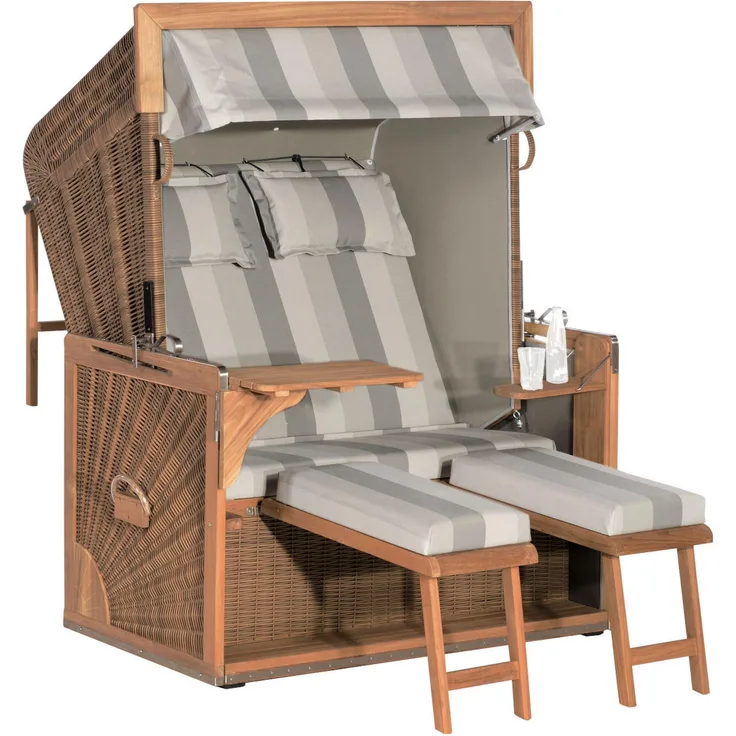Sonnenpartner Strandkorb Admiral 2-Sitzer XL 3/4-Liegemodell antikbraun/taupe mit 2 Komfortkopfkisse