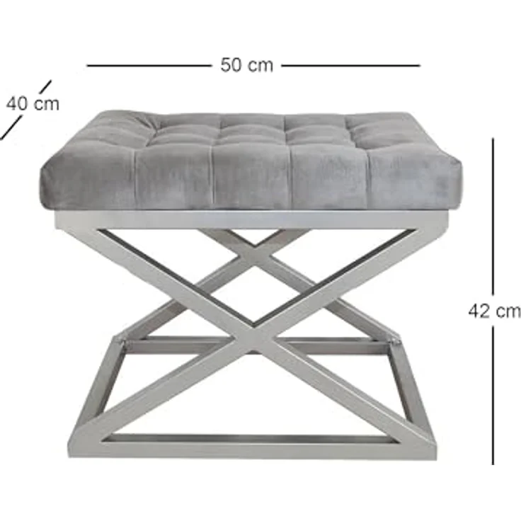 Atelier Del Sofa Stylish Pouffe with Metal Frame, 50 cm Width, 42 cm Height, 40 cm Depth | 100% Polyester Babyface Fabric in Silver & Grey | Perfect for Modern Living Spaces – Bild 2